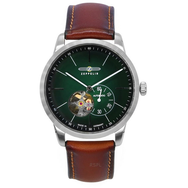 Zeppelin Flatline Leather Strap Green Open Heart Dial Automatic 83644 Men's Watch