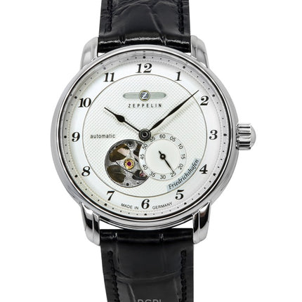 Zeppelin Friedrichshafen Leather Strap Silver Open Heart Dial Automatic 85664 Men's Watch