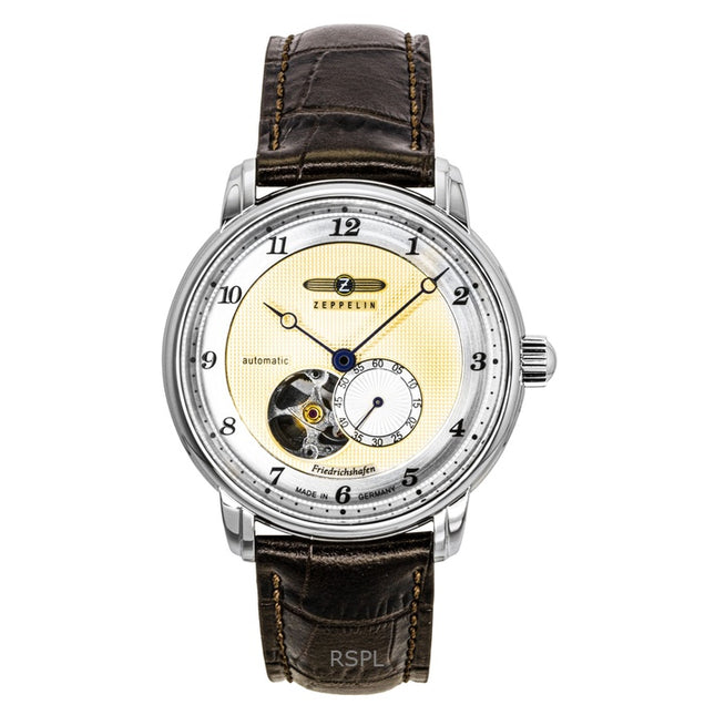 Zeppelin Friedrichshafe Brown Leather Strap Open Heart Gold Dial Automatic 85665 Men's Watch