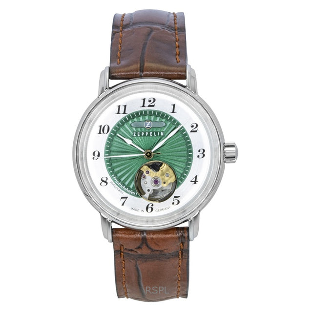 Zeppelin Friedrichshafen Leather Strap Open Heart Green Dial Automatic 85672 Women's Watch