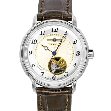 Zeppelin Friedrichshafen Leather Strap Open Heart Gold Dial Automatic 85675 Women's Watch
