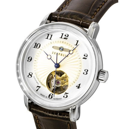 Zeppelin Friedrichshafen Leather Strap Open Heart Gold Dial Automatic 85675 Women's Watch