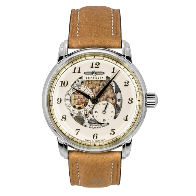 Zeppelin Captain's Line Leather Strap Beige Skeleton Dial Automatic 86585 Men's Watch