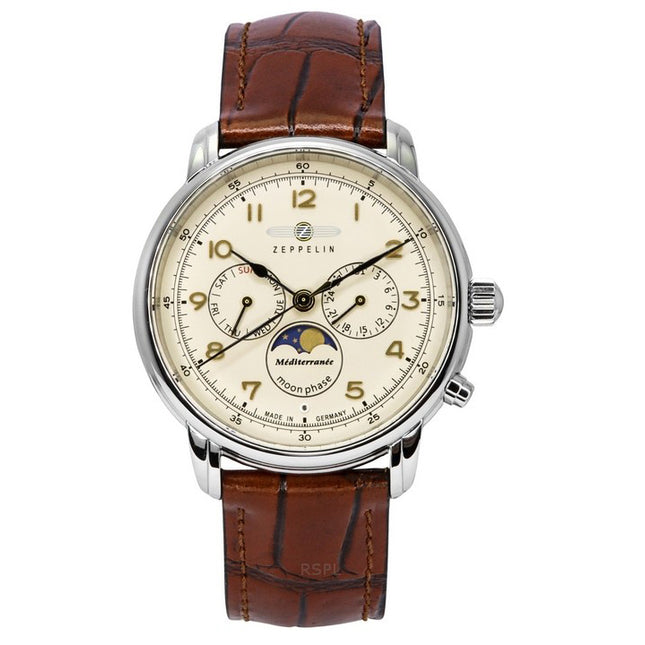 Zeppelin Mediterranean Moon Phase Leather Strap Beige Dial Quartz 96365 Men's Watch