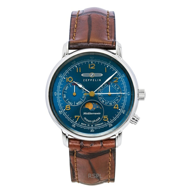 Zeppelin 100 Jahre Mediterranee Moonphase Leather Strap Blue DIal Quartz 96373 Men's Watch