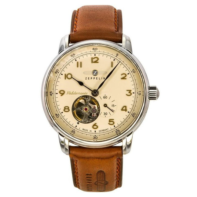 Zeppelin Mediterranee Leather Strap Open Heart Beige Dial Automatic 96665 Men's Watch