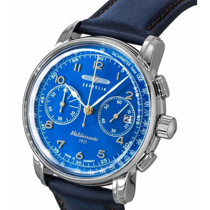 Zeppelin Mediterranee Chronograph Leather Strap Blue Dial Quartz 96703 Men's Watch