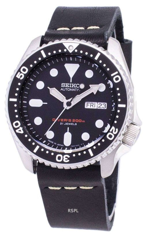 Seiko Automatic SKX007J1-LS14 Diver's 200M Japan Made Black Leather Strap Men's Watch