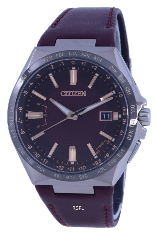 Citizen Attesa World Time Burgundy Dial Leather Strap Eco-Drive CB0216-07W 100M Mens Watch