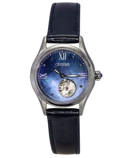 Citizen Luna Leather Strap Blue Mother of Pearl Open Heart Dial Automatic PR1041-18N Womens Watch